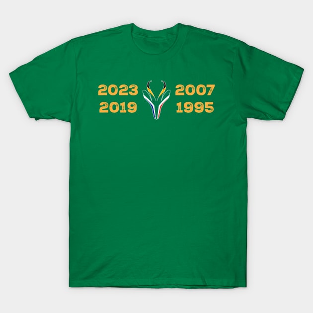 South Africa Four Time World Rugby Champs Vintage T-Shirt | Springbok Head & Flag 2023 2019 2007 1995 | Nou Gaan Ons Braai | Lekker T-Shirt by BraaiNinja